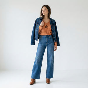 T-shirt décontracté pour femme à col rond avec motif pied-de-poule et imprimé étoiles en laine/viscose, manches longues - Product Image 1