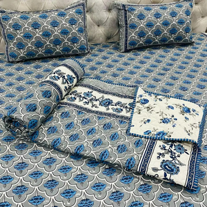 Juego de 200TC sábanas de algodón con estampado de bloque de mano elegante, edredón Reversible con estampado Floral, ropa de cama de cuatro piezas para todas las estaciones - Product Image 1