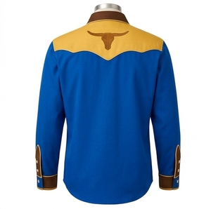 เสื้อเชิ้ตผู้ชายสีน้ำเงิน ผ้าฝ้าย สไตล์ตะวันตก แขนยาว คอตั้ง แต่งสีตัดกัน ลำลอง ผ้าแฟลนเนล กระดุมเดี่ยว ลายเรียบ สำหรับฤดูใบไม้ร่วง - Product Image 3