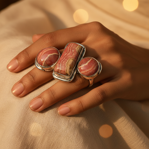 Anillo Vintage de Rodocrosita para Mujer, Plata 925 con Baño de Oro, Joyería Fina con Incrustaciones, Color de Baño de 18K - Product Image 1