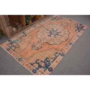 Alfombra de lana azul naranja Oriental 4,1X7,5 pies Vintage turco Patchwork tejido plano para decoración para sala de estar con respaldo de látex - Product Image 5