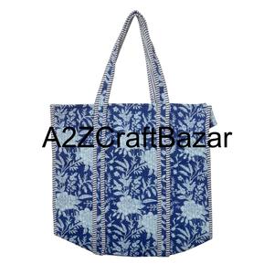 Sac fourre-tout en coton écologique fait à la main, grand sac de shopping matelassé, imprimé floral en blocs, lavable, pour les voyages et l'usage quotidien - Product Image 2