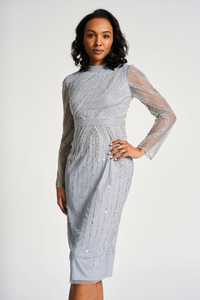 Midi ชุดปักเลื่อมลูกปัดรูปเงาดำ, เดรสคอตั้งทรงตรงยาวประดับมุกสำหรับงานปาร์ตี้แม็กซี่ป้องกันไฟฟ้าสถิตย์ตามธรรมชาติ - Product Image 3