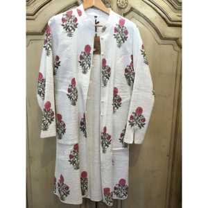 Chaqueta Mughal Reversible Estampada a Mano, Rosa Marigold, Acolchada de Algodón, Estilo Bomber, Chaqueta Universitaria de Primavera, Decoración con Parches y Plumas - Product Image 1