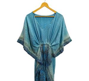 Plus Size Sexy Indian Vintage Recycled Silk Sari <b>Kimono</b> <b>Robe</b> Floral Print <b>Long</b> Handmade Summer Night Wear blue color - Product Image 2