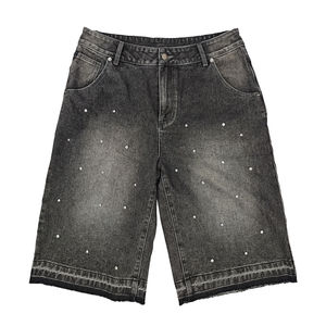 Summer 100% Cotton Custom Men's Denim Shorts Streetwear Loose Baggy Vintage Washed Rhinestone Denim Shorts for Men wholesale - Product Image 1