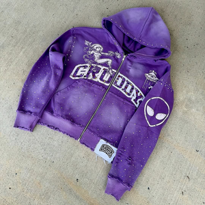 Áo hoodie chất liệu vải cotton Pháp 100% dày dặn, in hình đá pha lê, kiểu dáng retro, giặt acid, có khóa kéo - Product Image 1