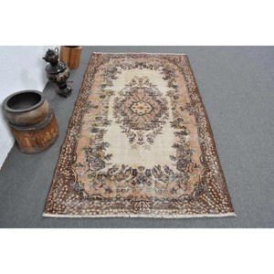 Alfombra de lana Vintage marrón y Beige de 3,9x6,5 pies, diseño clásico de retazos hecho a mano turco, pasillo Rectangular de látex para cabecera de 4m - Product Image 1