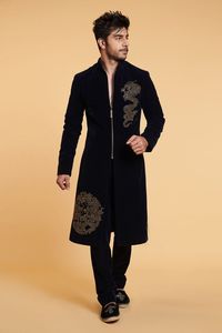 ELEGANT--GOLD ZARI EMBROIDERY on BLACK SHERWANI WITH <b>PANT</b> DRESS & ALSO MATCHING SHOE WITH DRESS for PARTY-WEAR/WEDDING@ 2023 - Product Image 2