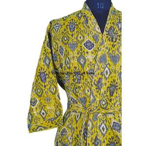 Robe kimono en coton Kantha indien faite à la main pour femmes, imprimé floral, matelassée, printemps automne, longue, écologique, légère, vêtements de nuit - Product Image 5