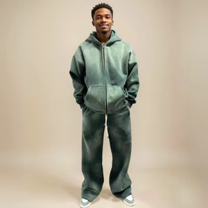 Logo personnalisé pour hommes pantalon de survêtement surdimensionné à fermeture éclair style baggy bas lourds jambe large lavage à l'acide soleil délavé ensemble pour hommes survêtement - Product Image 2