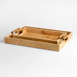 Plateau de service rectangulaire en bois artisanal moderne avec poignées en bambou pour la nourriture, les boissons, la décoration de la maison, l'hôtel, le restaurant - Product Image 1