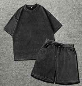 Conjunto de Camiseta y Pantalones Cortos de Algodón Orgánico 100% Lavado al Ácido Vintage para Correr en Verano, Ropa Urbana Personalizada, Conjunto Transpirable de Algodón - Product Image 5