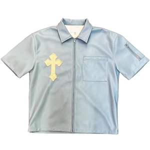 เสื้อเชิ๊ตผู้ชายแขนสั้นแบบลำลองผ้าปะติดแบบมีซิปเสื้อหนังเย็บปะติดมีซิปไซส์พิเศษ - Product Image 1