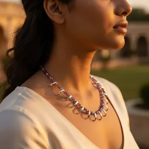 Women's 925 <b>Silver</b> Amethyst Beaded Necklace 10K Gold Plated Geometric Bohemian Style Wedding Gift Everyday Wear - Product Image 2