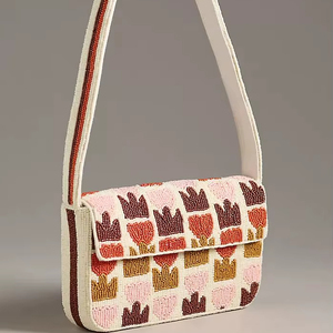 Handmade Premium <b>Cream</b> Beaded Shoulder <b>Bag</b> Retro Tulip Floral Embroidery Pattern Women Small Flap <b>Evening</b> Party Purse Elegant - Product Image 1