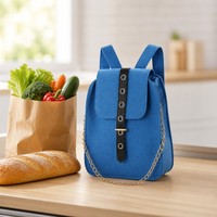 Sac de courses pliable en feutre bleu personnalisé avec logo, poignée chaîne dorée, réutilisable et écologique, idéal pour le supermarché