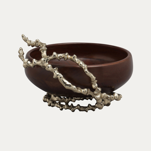 Bol de service en bois fait à la main avec design de feuille poignée en aluminium moderne vaisselle de qualité pour les ornements de mariage ou de cuisine - Product Image 6