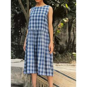 Vestido de Algodón Mala con Estampado a Cuadros Índigo, Cintura Elástica, Transpirable, Estilo Casual, Largo hasta la Rodilla, Talla Única, Vestidos de Moda ODM - Product Image 2