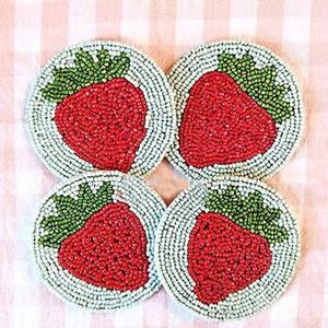 <b>Green</b> Christmas Tree Design Round Beaded White with Brown Outline Handmade <b>Coaster</b> Set of Four Pieces - Product Image 5