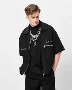 VARLDENS Chemise de travail Boxy Zip | Automne Obsidienne Noir Unisexe Manches Courtes Fermeture à glissière en métal sur le devant Moderne Anti-Rides - Product Image 3