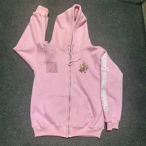 Sweat-shirt à capuche unisexe en molleton de coton uni rose à fermeture éclair en gros - Product Image 5