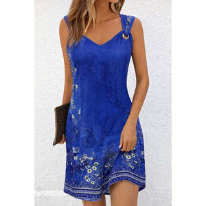 Vestido Corto con Tirantes y Escote en V para Mujer, con Detalle de Ojales y Estampado, 35418 - Azul - Product Image 1