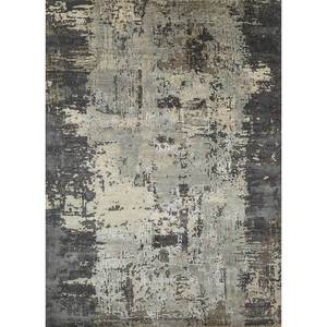 Alfombra Kavi Gris y Negra Anudada a Mano de Lana y Seda de Bambú, Diseño Abstracto Moderno en 3D para Sala de Estar - Modelo Esk-439 - Product Image 1