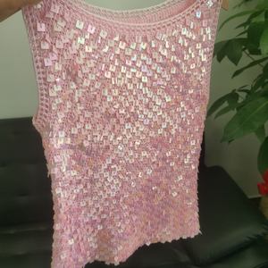 2025 New Fashionable Women's Square Customizable Handmade Crochet Solid Color <b>Sequin</b> Strap <b>Top</b> - Product Image 5