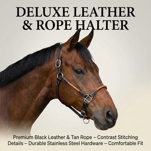 Cabestro de cuero negro y marrón para caballo con costuras en contraste, corona acolchada, narquera y herrajes plateados ajustables, duradero. - Product Image 2