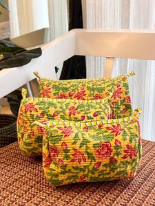 Quilted Cotton Vintage for Bag <b>Set</b> 3-Large Capacity Water Resistant Eco-Friendly Makeup Storage Case Zipper Yellow Bel - Product Image 2