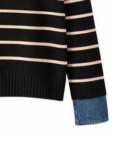 Pull en tricot rayé noir sur mesure avec col en denim bleu, pull décontracté pour femme, hiver, manches longues, chaud, haut tendance - Product Image 6