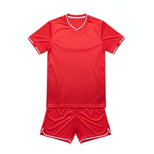 Ensemble de maillot et short de football pour adulte rouge personnalisé - avec bordure blanche et col rond - 100% polyester antibactérien - Product Image 6