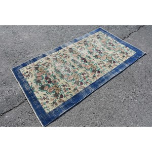 Classique bleu Beige 3.6 X 6.6ft tapis turc fait à la main rectangulaire Patchwork Design laine Polyester Latex pour chambre salon - Product Image 3