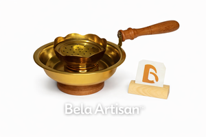 Quemador de Incienso Portátil de Latón Dorado con Mango de Madera |   Quemador de Incienso Aromático Bakhoor, Hecho a Mano, Ecológico - Product Image 3