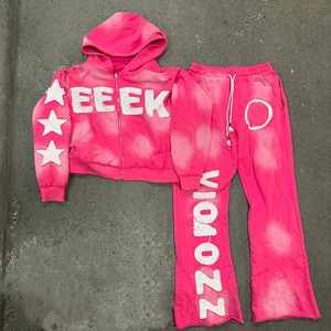 Best Selling Custom Rhinestone <b>Distressed</b> Embroidery Men's Hoodie Sweatpants Set Sun Faded Acid Wash Tracksuits with OEM - Product Image 1