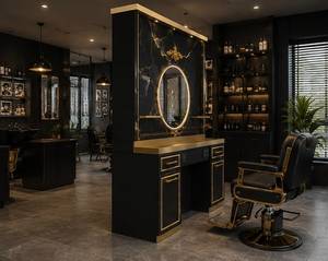 Ensemble de coiffeuse de salon en métal noir et or, station de lavage de cheveux, miroir, lampe murale, meuble-vasque, design traditionnel pour salon de coiffure Istanbul - Product Image 2