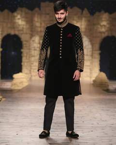 2025 nouveau dernière broderie marié noir velours Sherwani pantalon costumes respirant grande taille cristal perles de verre pierre Dabka travail hommes - Product Image 1