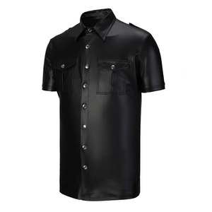 Men's Short Sleeve Elastic PU <b>Leather</b> Casual <b>Shirts</b> Breathable Stand Collar Fashion T-<b>Shirts</b> - Product Image 2