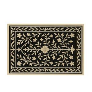 Plateau de service en bois rectangulaire en incrustation d'os noir blanc moderne fait à la main poignée légère durable écologique motif floral - Product Image 1