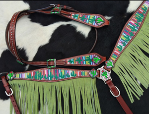 Têtière, harnais et bride en cuir indien de haute qualité faits à la main avec logo personnalisé, design à franges western, exclusif pour les chevaux - Product Image 3