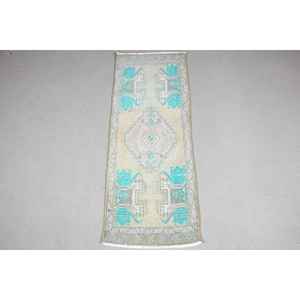 Alfombra Turca de 1.4x3.6 pies, Alfombra Vintage, Alfombra de Lana con Diseño de Camuflaje Azul - Product Image 1