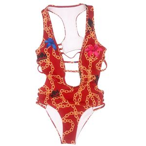 Traje de Baño Enterizo con Estampado de Cadenas para Mujer, Elástico, Moderno, para Playa, Verano - Product Image 1