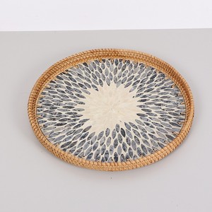 Eco Friendly Handmade Mother Of Pearl With Rattan Serving <b>Tray</b> Round Blue White Radial Pattern Bulk For <b>Kitchen</b> Dining Tabletop - Product Image 2