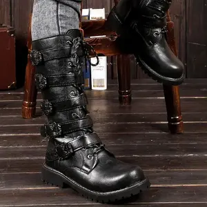 Bottes de combat mi-mollet pour homme, grande taille, en cuir véritable, style western, hautes, imperméables, pour l'été et l'hiver, semelle en caoutchouc - Product Image 2