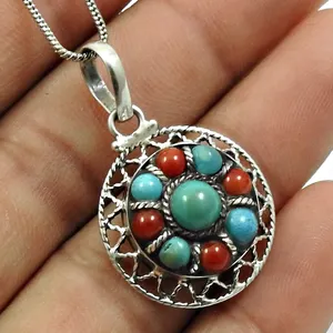 2023 Hottest 925 Sterling Silver Coral Turquoise Pendant Handmade Jewelry Necklace For Men Gift Silver Jewellery Online Sale