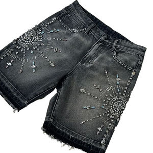 Custom Streetwear Rhinestone Baggy Vintage Jeans Shorts Raw Edge Hem Rhinestone Denim Shorts para hombres - Product Image 2