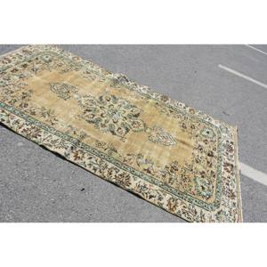 Alfombra de Lana Vintage Verde Dorado de 4.7 x 8.8 pies, Ecológica, Tradicional, de Gran Tamaño para Comedor, Estilo Turco Aubusson, con Diseño de Patchwork y Látex - Product Image 2