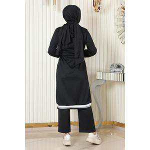 Ensemble côtelé noir à col rond et capuche, pull en polyester tissé, pantalon évasé, haut long, pantalon mi-long, style décontracté et tendance, automne - Product Image 4