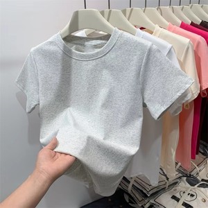 Camiseta corta para mujer con dobladillo crudo suave transpirable mezcla de algodón acanalado escote tejido elástico Casual verano Streetwear 2025 tendencia - Product Image 1